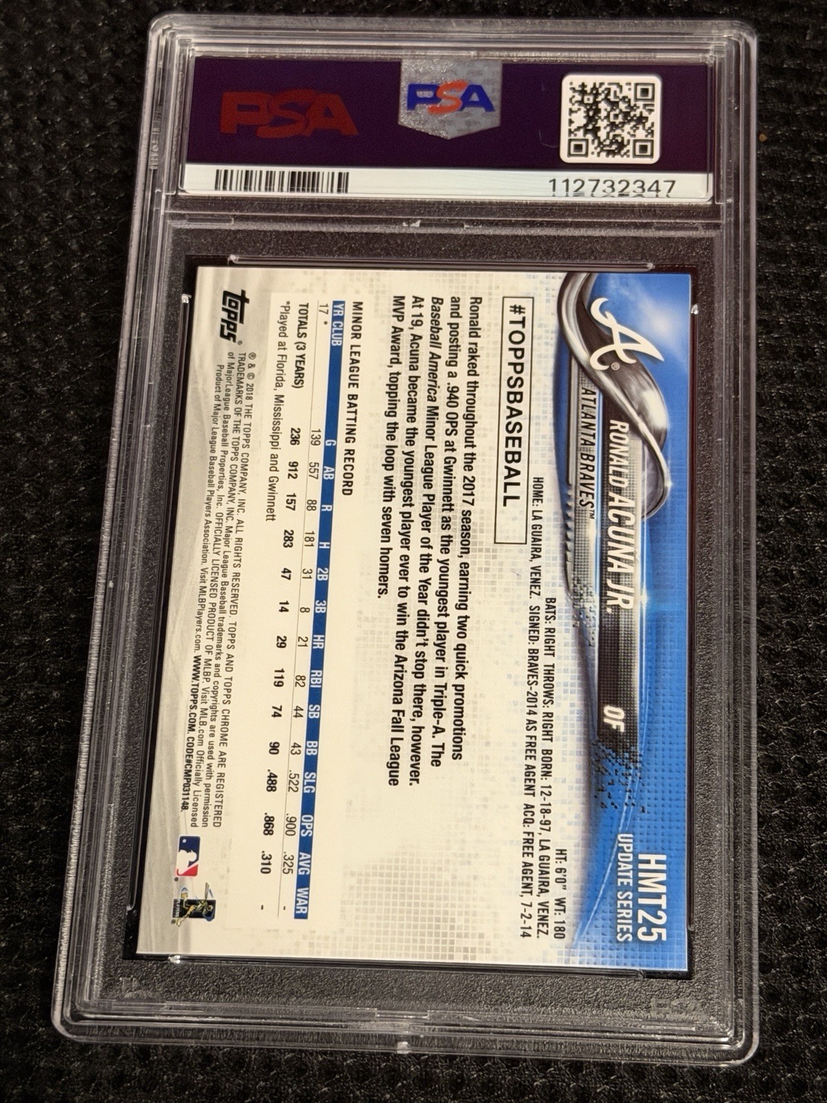 Ronald Acuna Jr 2018 Topps Chrome Update Rookie Card RC #HMT25 PSA 10 GEM MINT view 2