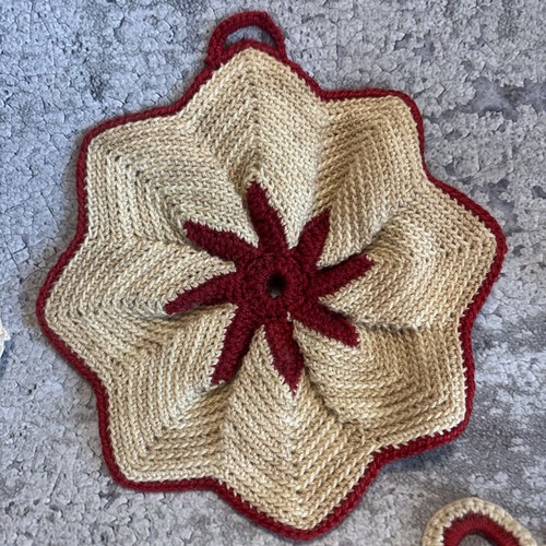 LOT OF 5 VINTAGE HAND CROCHETED POT HOLDERS-ESTATE-RED THEMED - Picture 7 of 11
