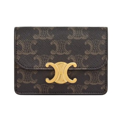 CELINE Triomphe Synthetic Leather Coin Purse Card Holder Women 4.1x0.4x2.7 in