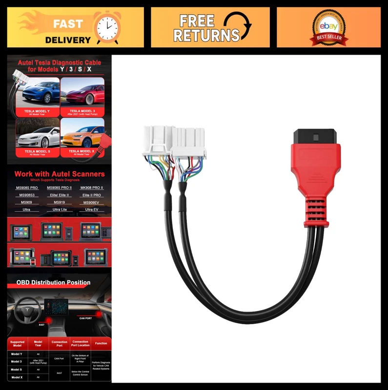 OBD2 Diagnostic Cable Adapter for Tesla Model 3, Y, S, X - 20 Pin + 12 Pin to 16