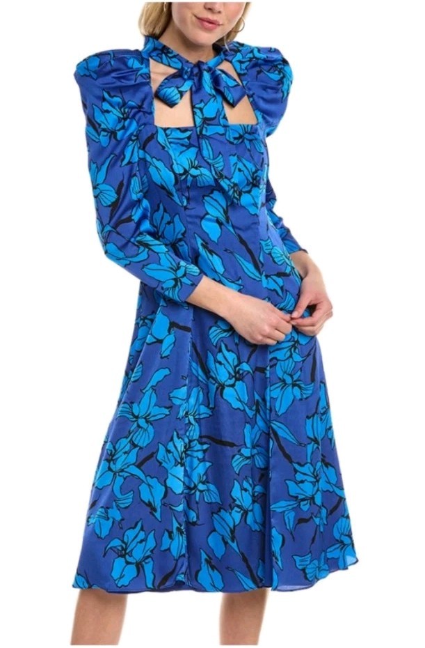 $415 Small Medium US 6 💙 Black Halo Mirabel Floral Print  Blue Shoulder Dress