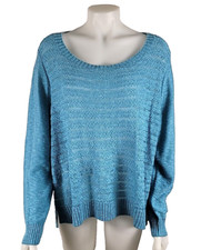 Eileen Fisher Linen Cotton Slub Scallop Stripe Ballet Neck Blue Sweater Sz 1X