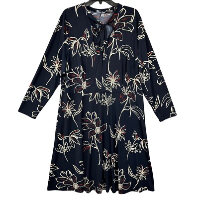 Eloquii Sz 20 Black Floral Print Split Neck w/ Tie Long Sleeve Dress Fit &  Flare | eBay
