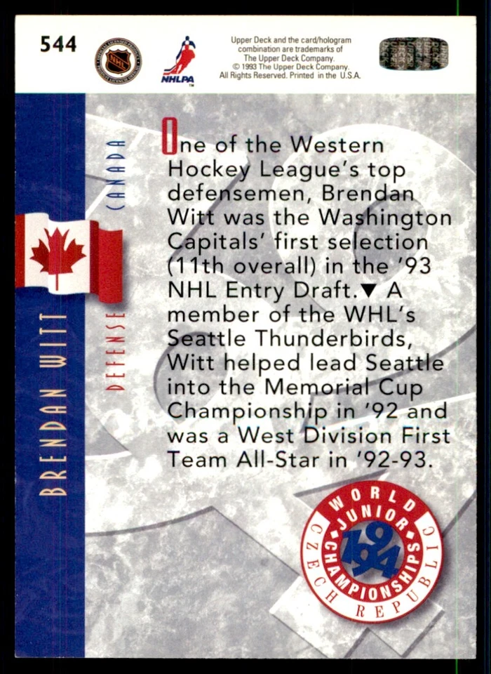 1993-94 Upper Deck Brendan Witt RC Canada #544 - Image 2 of 2