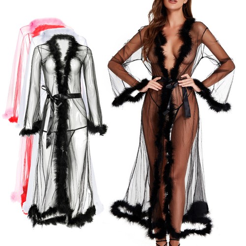 Sexy See-through Mesh Long Sleepwear Robe with Belt Sheer Lingerie Dress Gown - Picture 5 of 24