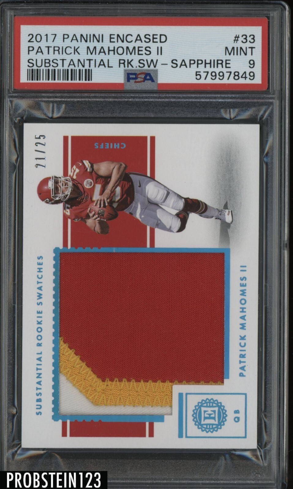 Patrick Mahomes Panini Encased Substantial Rookie Swatches #33 Sapphire