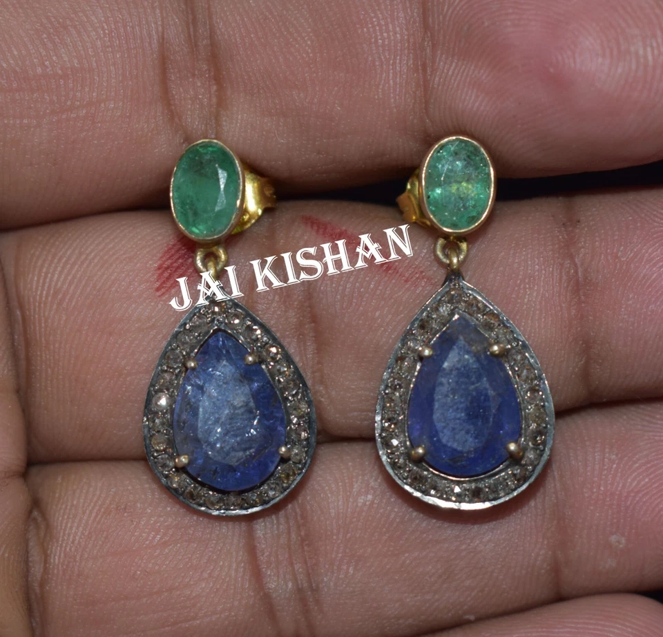 Elegant Pflastern Diamant Smaragd Edelstein 925 Sterlingsilber Lang Ohrring - Bild 3 von 4