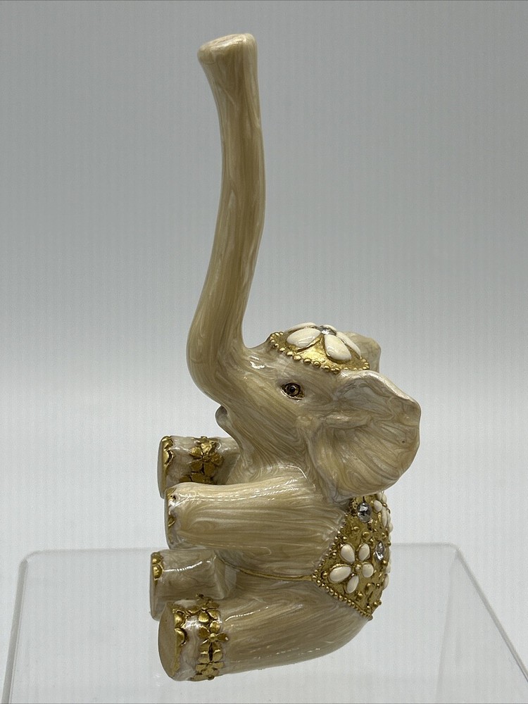 Elephant Ring Holder Enameled Jeweled Rhinestone Figurine Trunk Up 4.75” EUC
