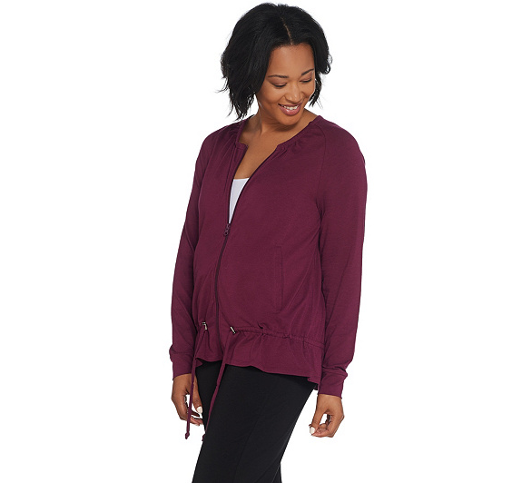 AnyBody Cozy Knit Zipup Jacket with Drawstring Grape Wine Color Size