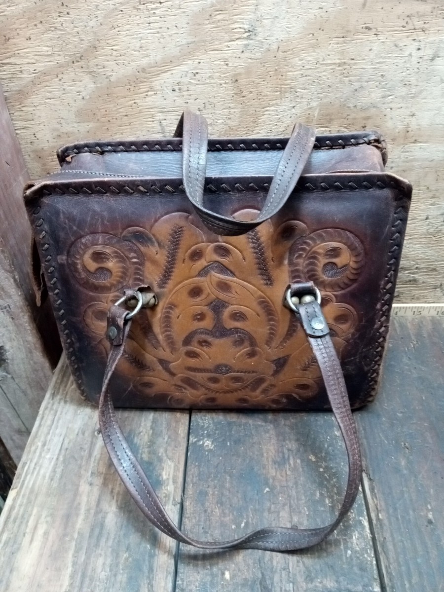 Vintage leather purse brown Bag Broken Zipper Floral Leaf Flower design USA Vintage leather purse brown Bag Broken Zipper Floral Leaf Flower design USA