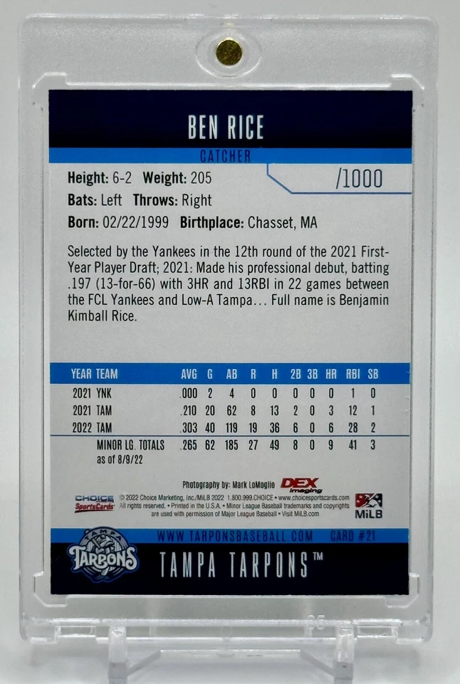 2022 Choice Ben Rice RC Rookie Tampa Tarpons NY Yankees #/1000 - Image 2 of 3