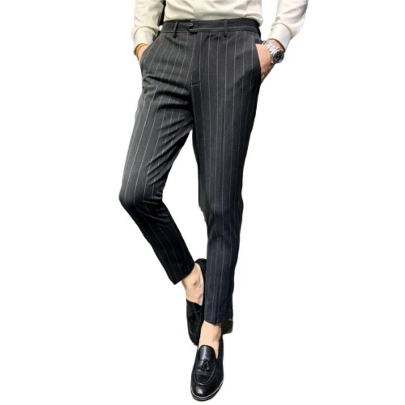 Korean Mens Slim Fit Striped Trousers Business Formal Pants High waist  British L