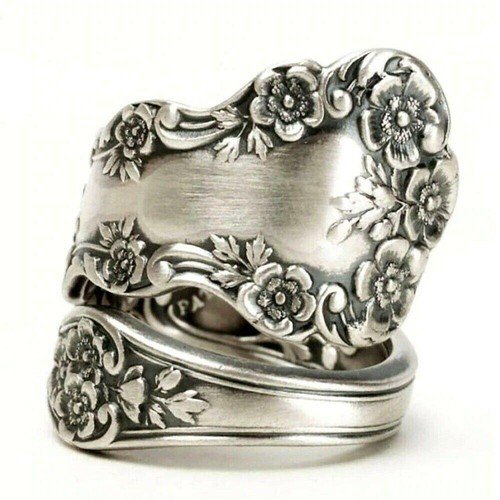 Anillo cuchara plata anillo para mujer talla 6-10 elegante patrón de flores grabadas retro - Imagen 23 de 24