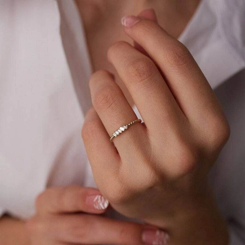 Baguette Bead Ring Diamond Gemstone 14k Solid Gold 0.16ct Baguette Cluster Bead  - Image 2 of 3