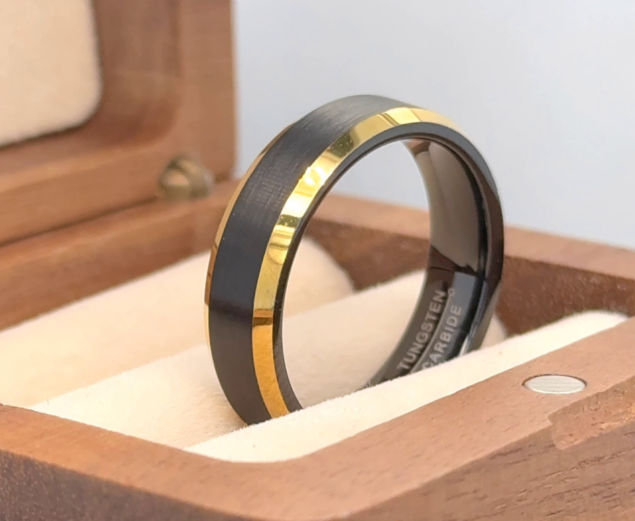 6mm Gold & Black Tungsten Band Brushed Stepped Edge Ring For Valentine Gifts 