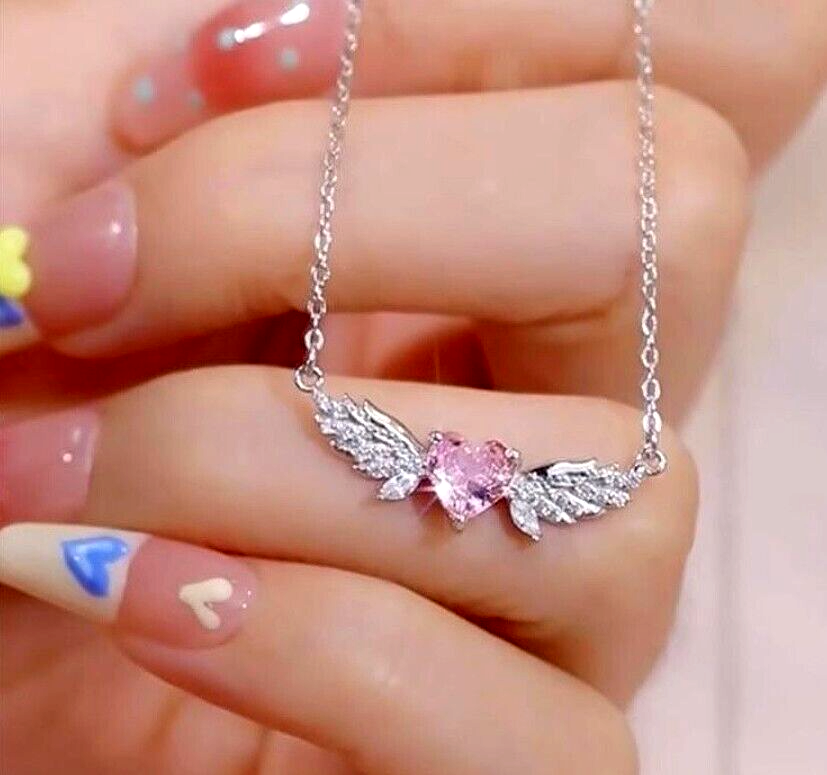Silver Titanium Flower Love Pink Heart Angle Wing Pave CZ Pendant