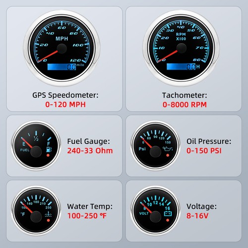85mm GPS Speedometer 120MPH Tacho&Fuel Level 240-33ohm/Oil/Temp/Volt W/Sensor - Picture 6 of 13