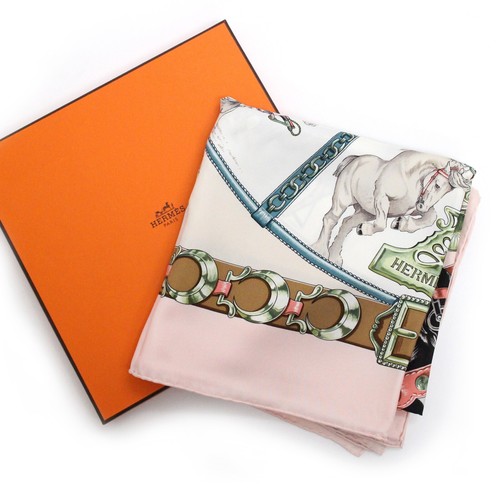HERMES SILK 100% Pink Horse CHEVAUX DE TRAIT Carre 90 Square Scarf #25 Rise-on
