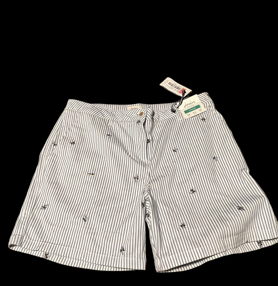 Joules ladies chino cruise shorts white blue striped bee design size 10 new