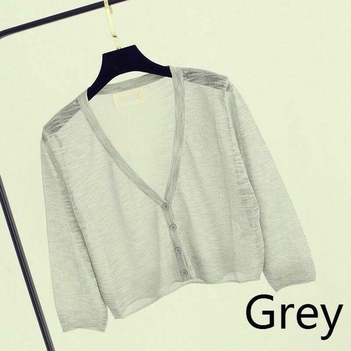 Cardigan donna maglione shrug crop top cappotto manica a 3/4 lavorato a maglia con bottoni trasparente - Foto 5 di 19