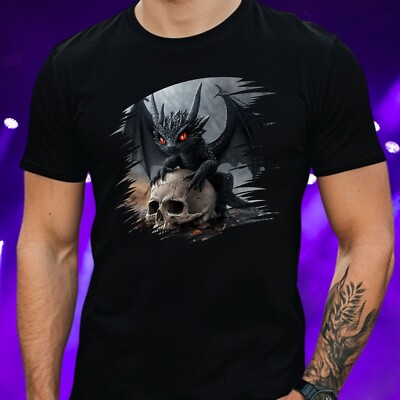 Mens Black Dragon Skull Print Cotton T-Shirt Size S to 5XL