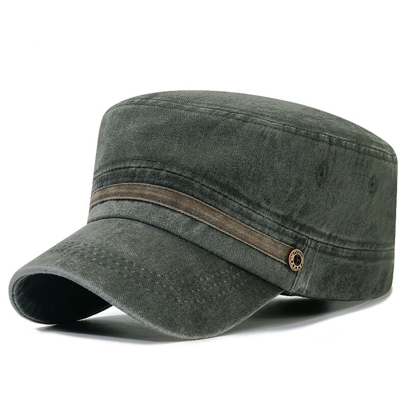 Men Wash Military Hat Casual Short Brim Adjustable Flat Top Army Style  Cadet Cap