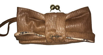 Jessica Simpson Jenny Bow Sunburst Faux Ostrich Accent Clutch Wristlet Bag Purse