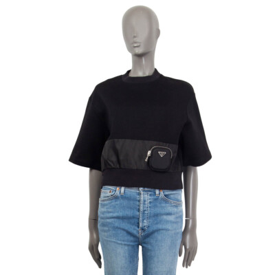 65336 auth PRADA black cotton blend OVERSIZED TECHNICAL FLEECE T-Shirt Shirt XS
