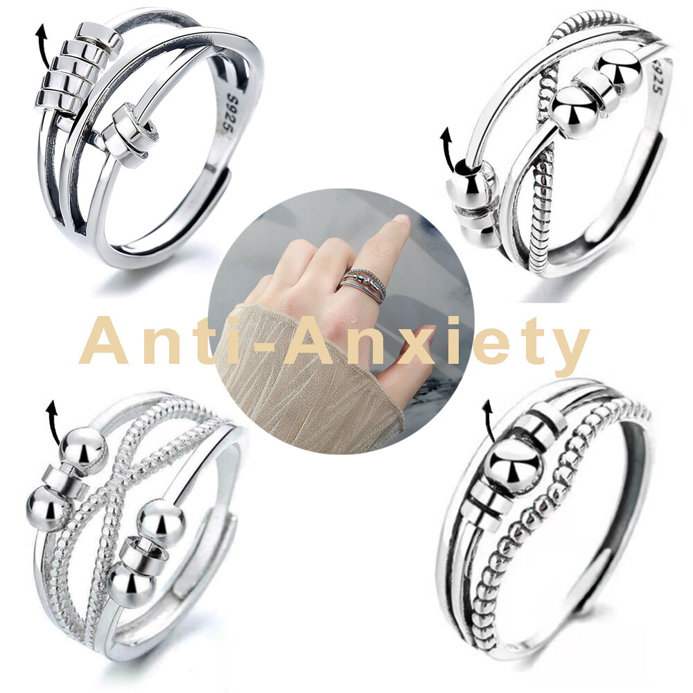 Women Adjustable Anti Anxiety Rings 925 Silver Stress Relief Spinner Fidget  Ring - Main Image