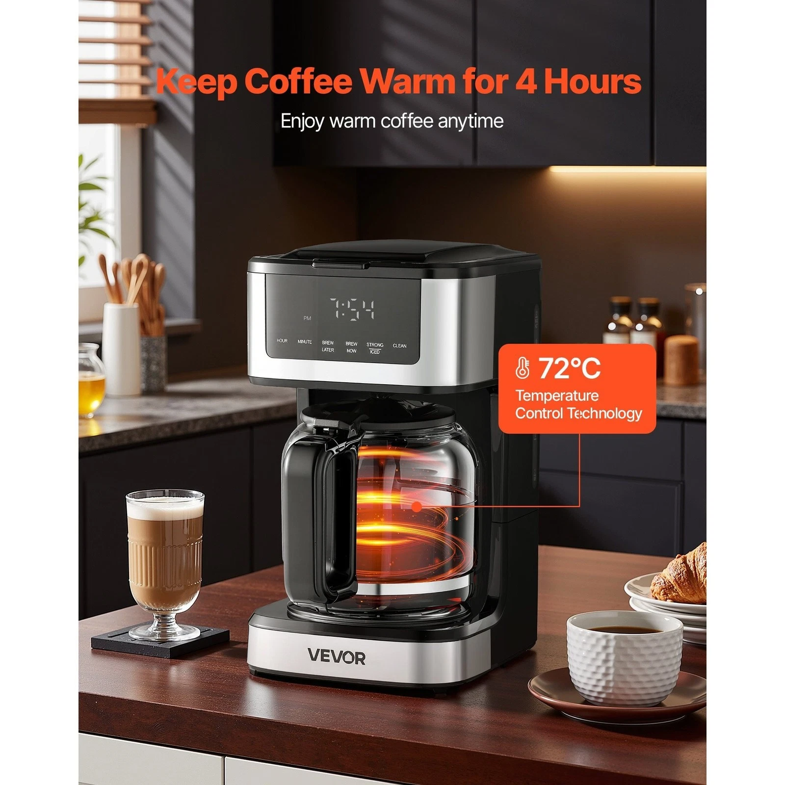 VEVOR 12-Cup Programmable Drip Coffee Maker Stainless Steel Home Kitchen Brewer