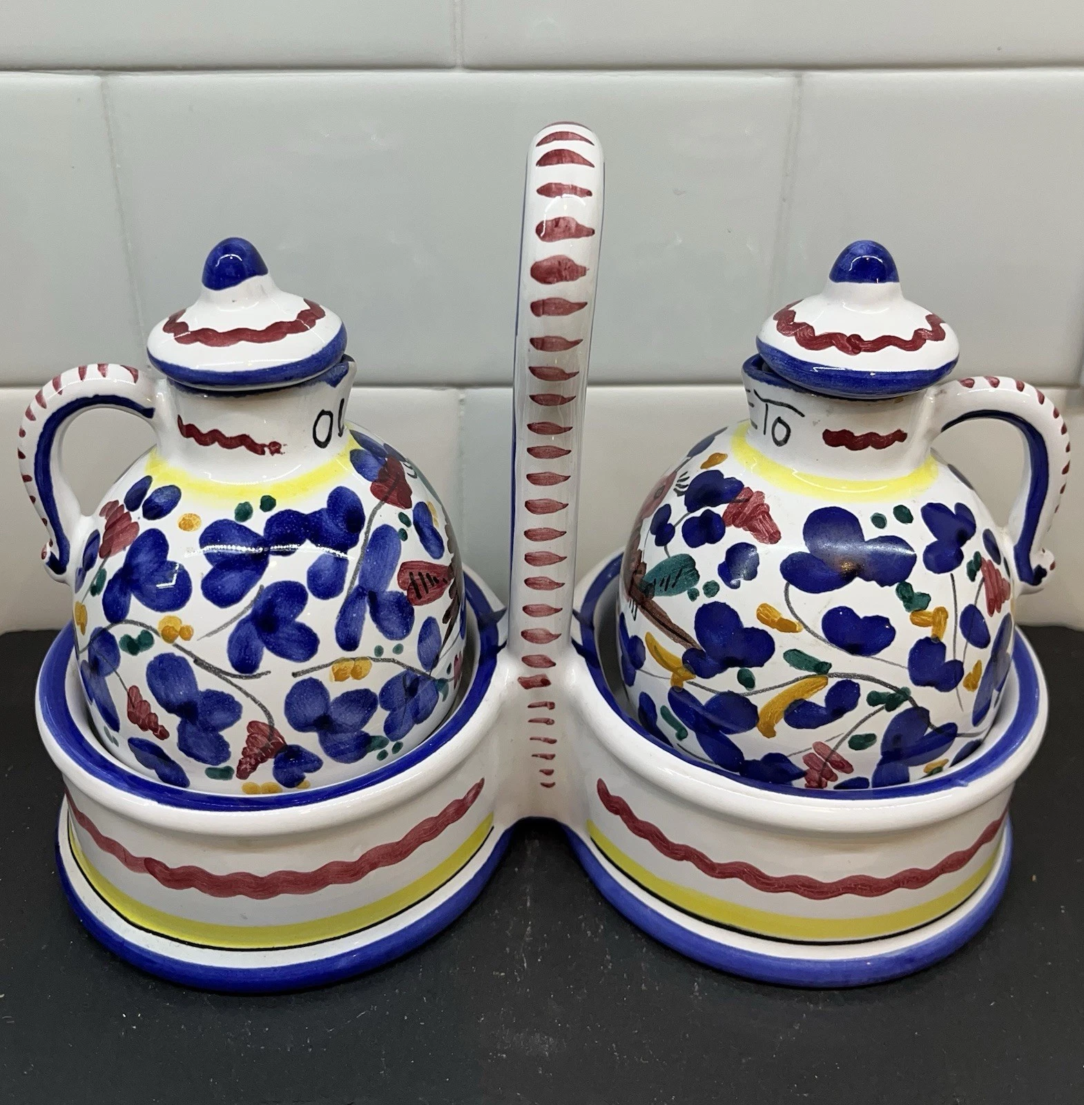 Ravello Hand Painted Ceramic Oil Vinegar Cruets & Caddy Birds Flowers Italy
