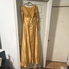 gold sequin satin long gown v-neck formal long sleeve