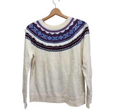 Talbots Lambswool Fair Isle Crewneck Sweater Pullover Ivory Blue Red Size Large