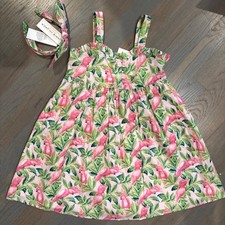 NWT Janie and Jack girl 2-piece pink parrot jungle SUMMER dress headband SET 6