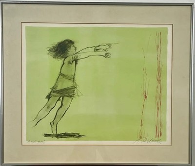 Girl Reaching Forward Lithograph by Albert Walker Signed & Framed, Artist proof