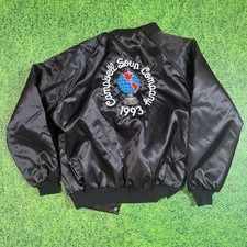 90s Campbell Soup Company Satin Bomber Jacket Black USA Made Men’s XL 24x29
