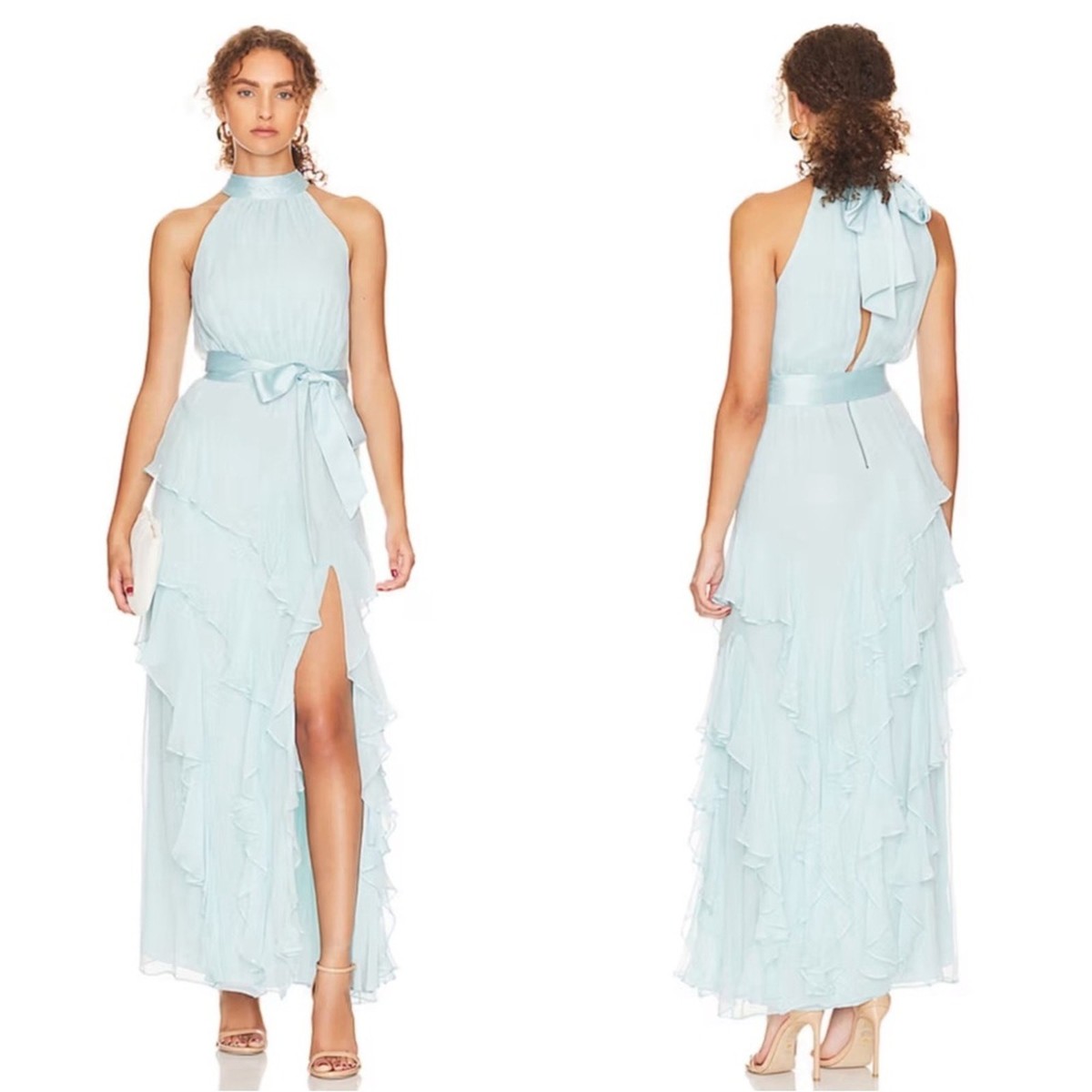 sunfere alice halter dress Aliza Halter Neck Ruffle Trim Maxi Dress, Orange  L