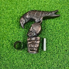 Antique Gothic Crow & Skull Walking Cane Carved Wooden Stick Aluminum Handle