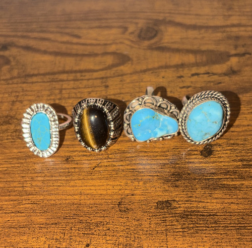 Lot of 4 Silver 900 Cocktail Rings Size 10 Oval Blue Turquoise Bezel