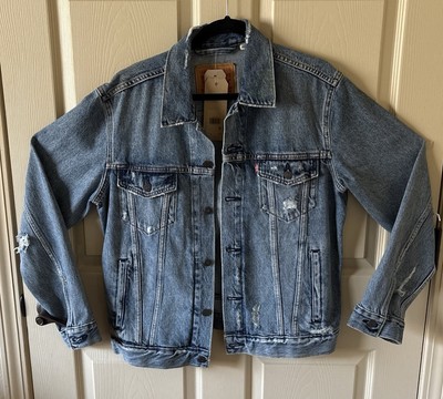 Men's Levis Trucker Jacket Sz Med Distressed Lt Blue Destroyed Retail $89 #1150