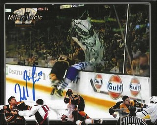 Boston Bruins Milan Lucic Autographed Mike Van Ryn Hit 8x10 W/NE Picture COA
