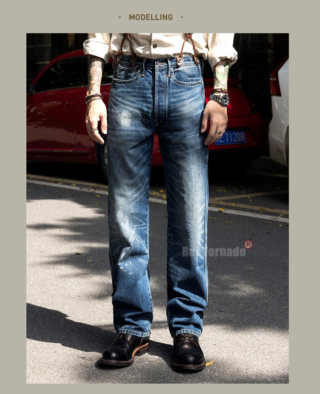 Red Tornado Vintage 15oz Washed Denim Jeans Slim Straight Distressed Ripped Blue - Picture 19 of 21