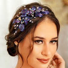 Blue Crystals Bridal Headband Wedding Flowers Bride Hairband Prom Headpiece