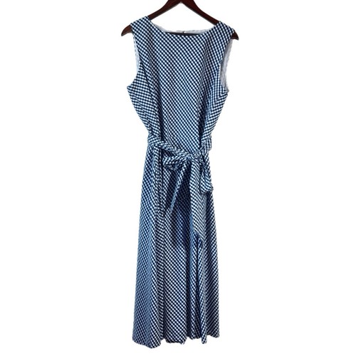 Vtg Maxi Midi Dress Sundress Gingham Blue & White Check Front Tie Pockets Sz 14 - Picture 2 of 7