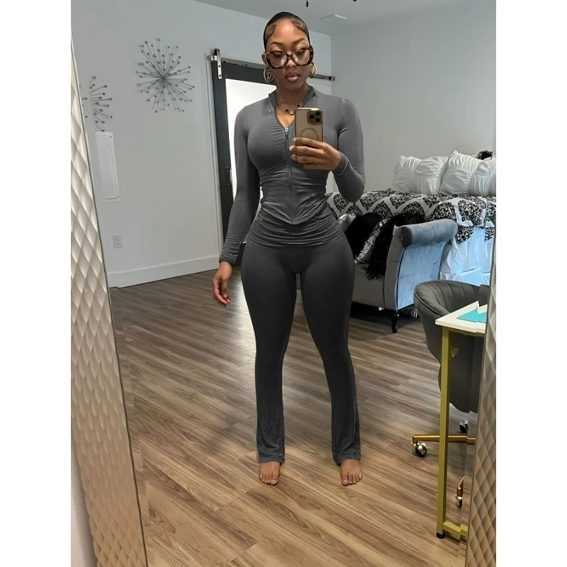 Conjunto de 2 piezas de trajes de entrenamiento para mujer chándal manga larga cremallera fitness sudaderas Foto 3 de 4