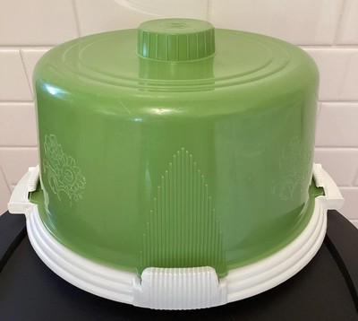 Vintage Locklift Cake Cover Saver Server Carrier Avocado Green White Base READ