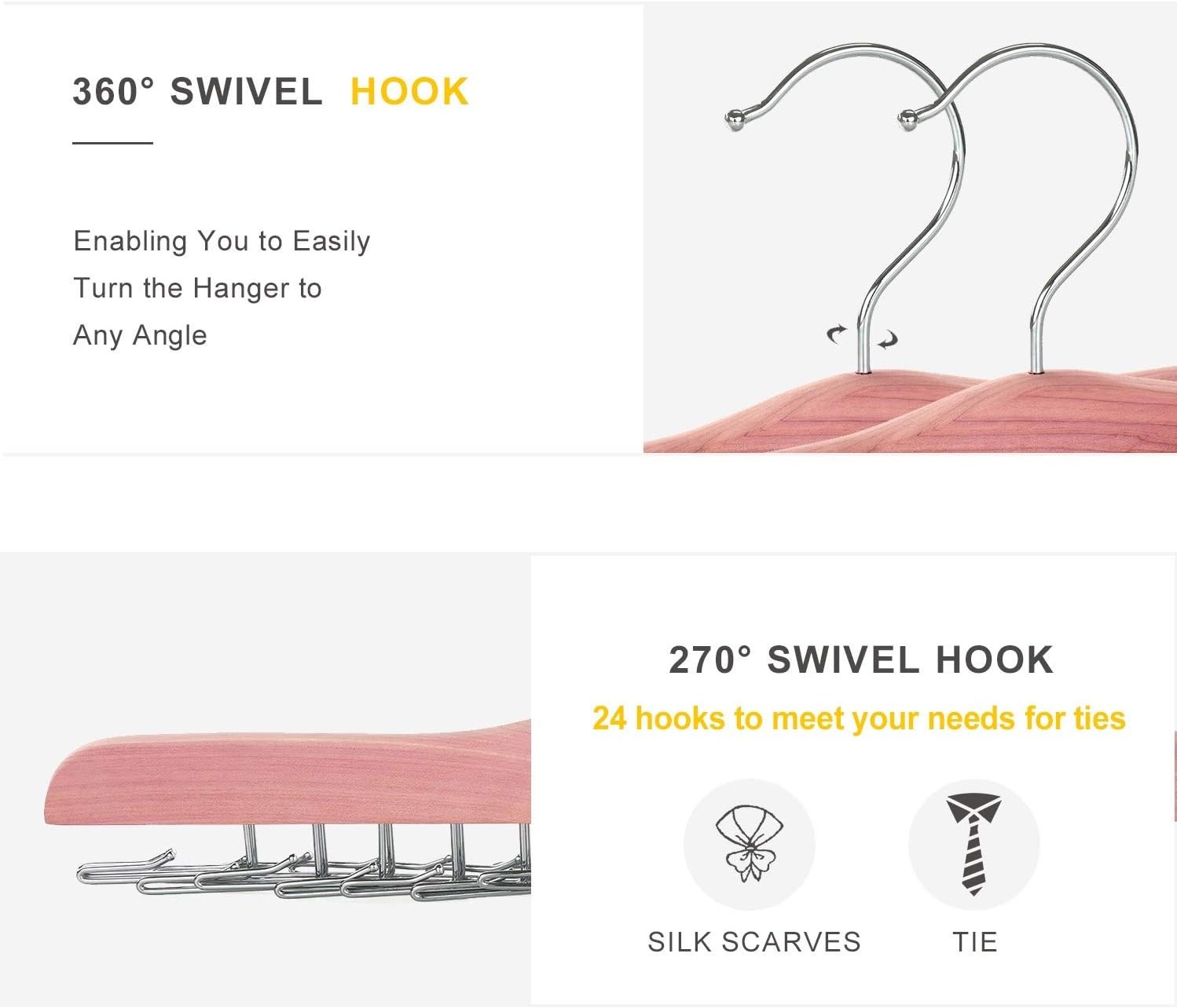 TOPIA HANGER American Red Cedar Wooden Tie Racks for Closet, 24 Tie, Natural 