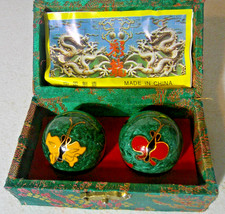 2 Chinese Stress Exercise Balls in Box Dark Green with Butterfly Design