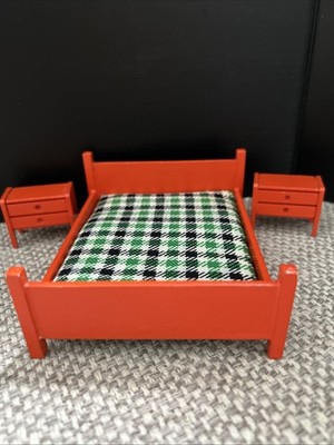 Vintage Dolls House Furniture Double Bed & Bedside Cabinets Hanse ? Lundby ?