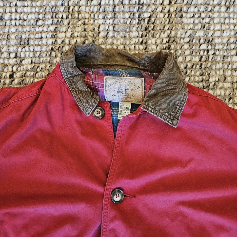 复古 American Eagle Barn 夹克男式小号红色灯芯绒领袖口法兰绒衬里 — 第 3/4 张图片